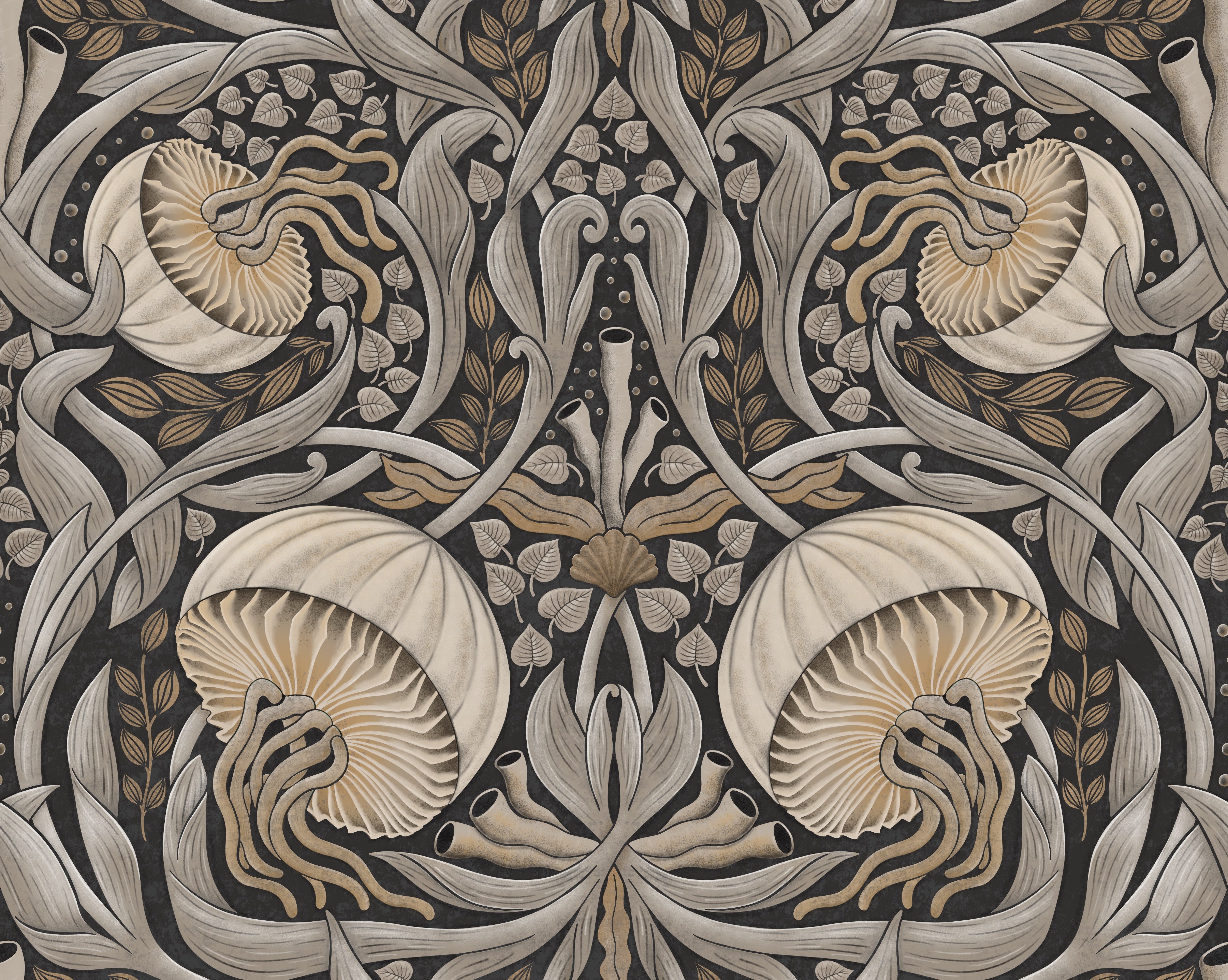 Decorative pattern with shell-like shapes and intricate lines on a dark background